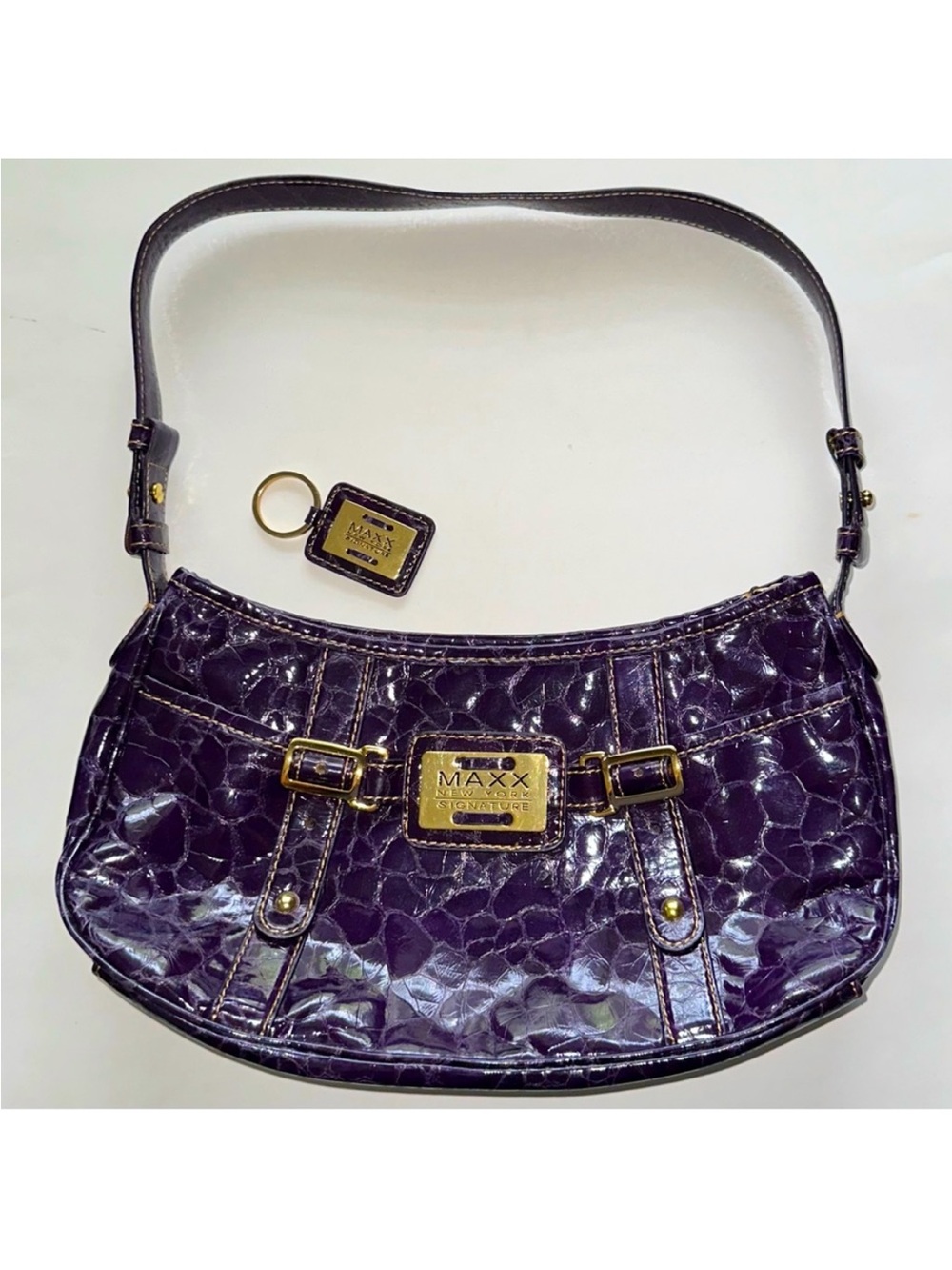 Maxx NY Y2K purple gold shoulder bag faux crocodile alligator pockets keychain
